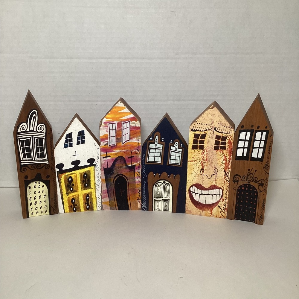 Anne Marie Neuman Hand Painted Wooden House Village Set Folk Art 6 Piece 8 Inch